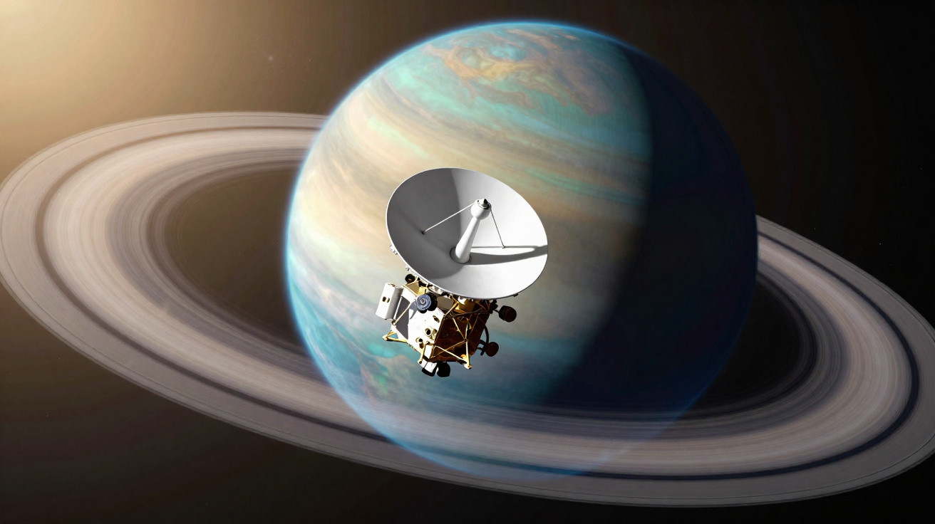 Sonda espacial próxima ao planeta com anéis, vistas da lua e do espaço ao fundo.