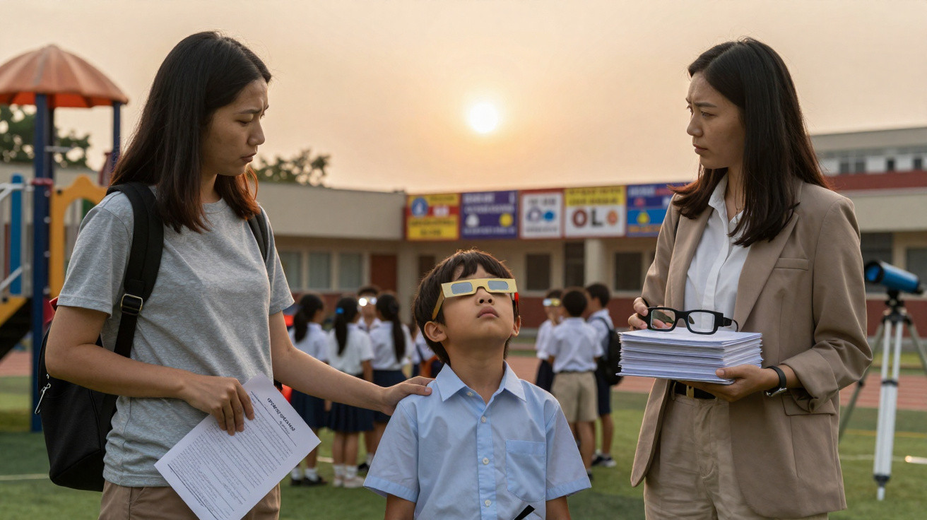 Criança usando óculos especiais para observar eclipse solar com duas mulheres em escola ao pôr do sol.