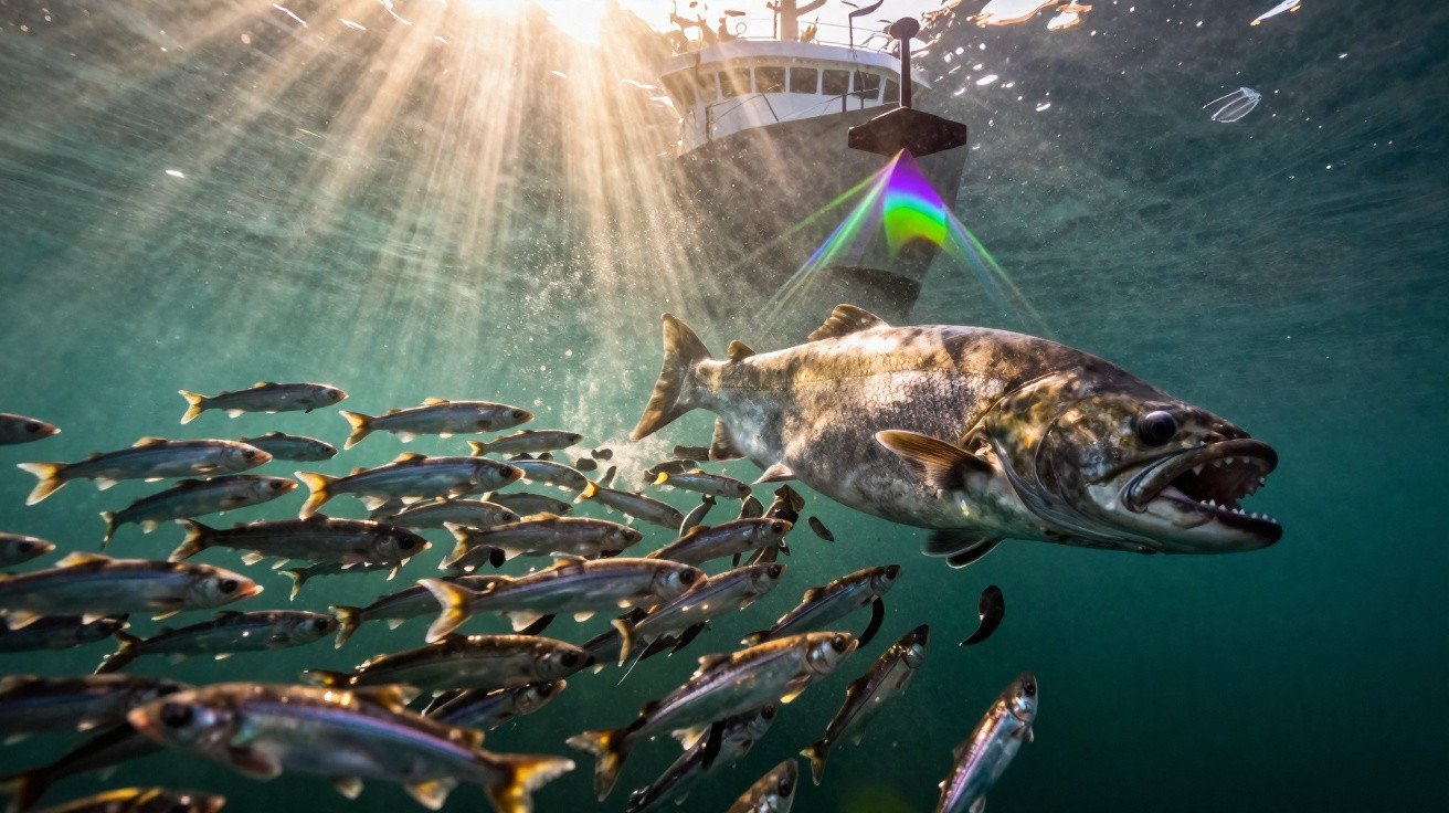 Peixe predador perseguindo cardume de peixes menores sob a água com luz solar e barco na superfície.