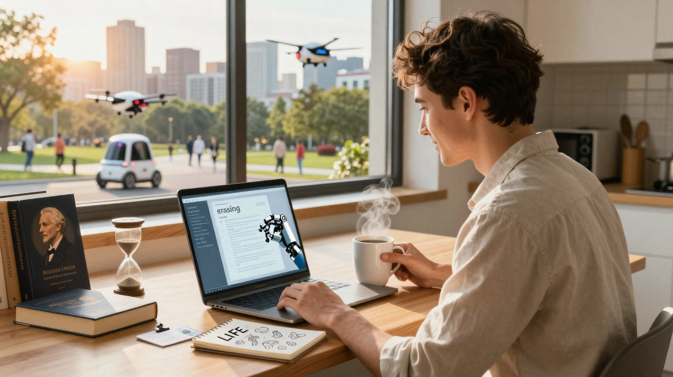 Jovem sentado à mesa com laptop e café, drones voando na janela com cidade ao fundo ao entardecer.
