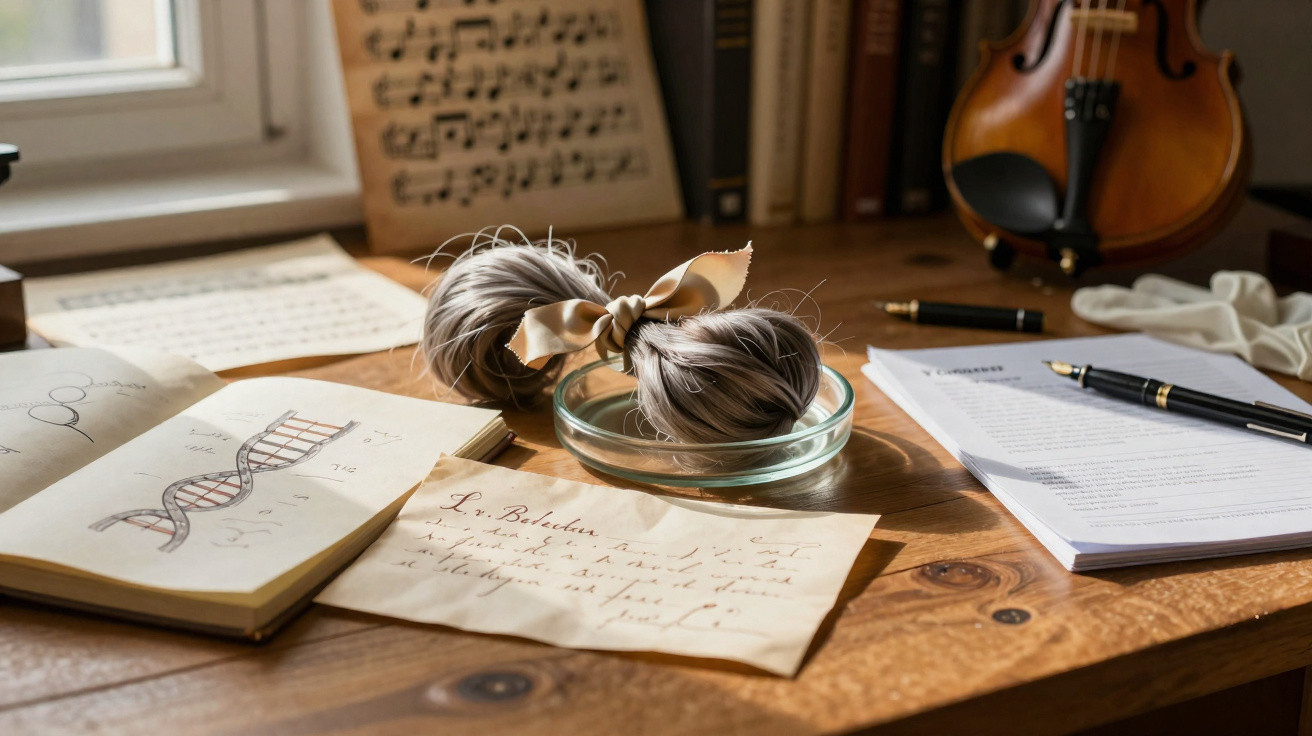 Mesa de madeira com objetos antigos: livro com DNA desenhado, manuscrito, penas de escrever e violino ao fundo.