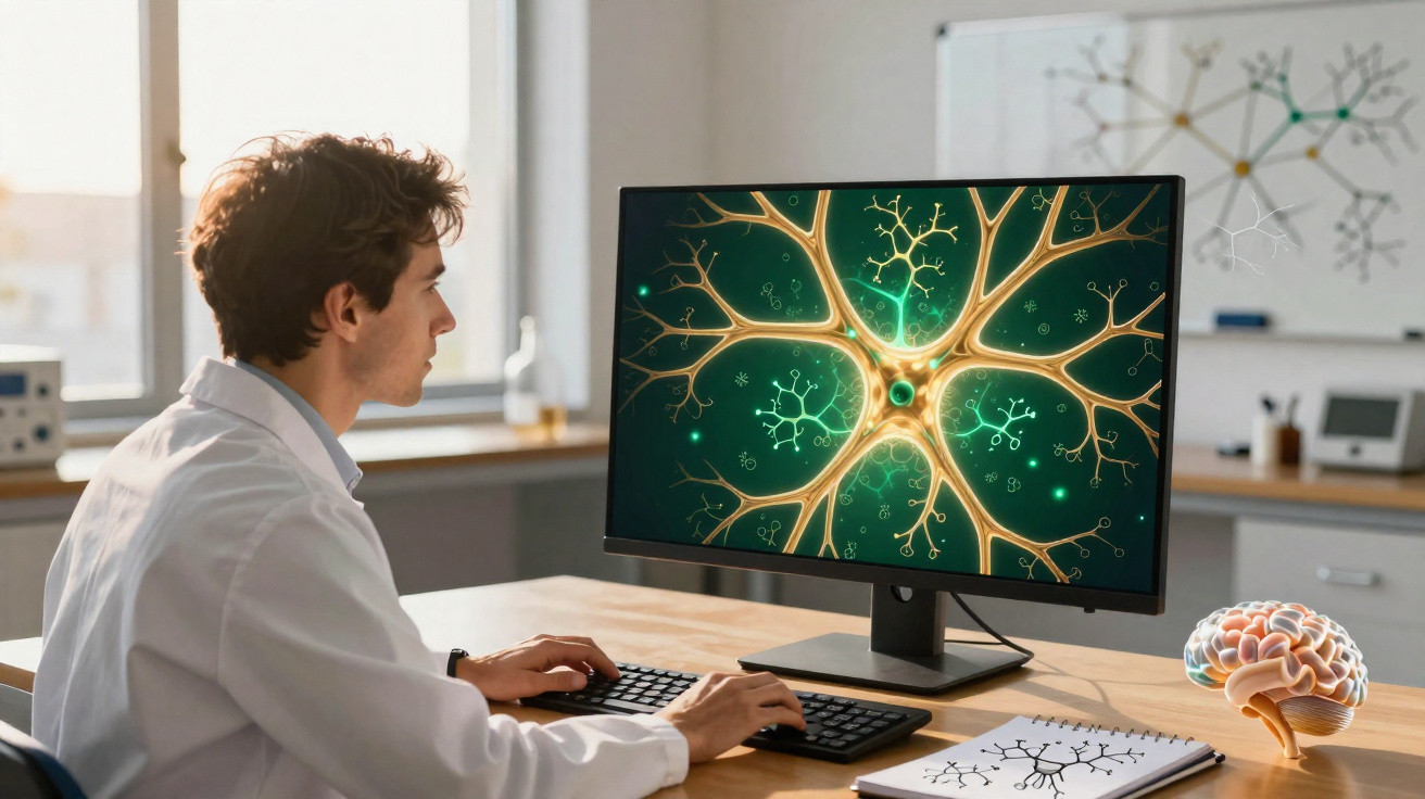 Pesquisador em jaleco analisa imagem de neurônio em computador no laboratório de neurociência.