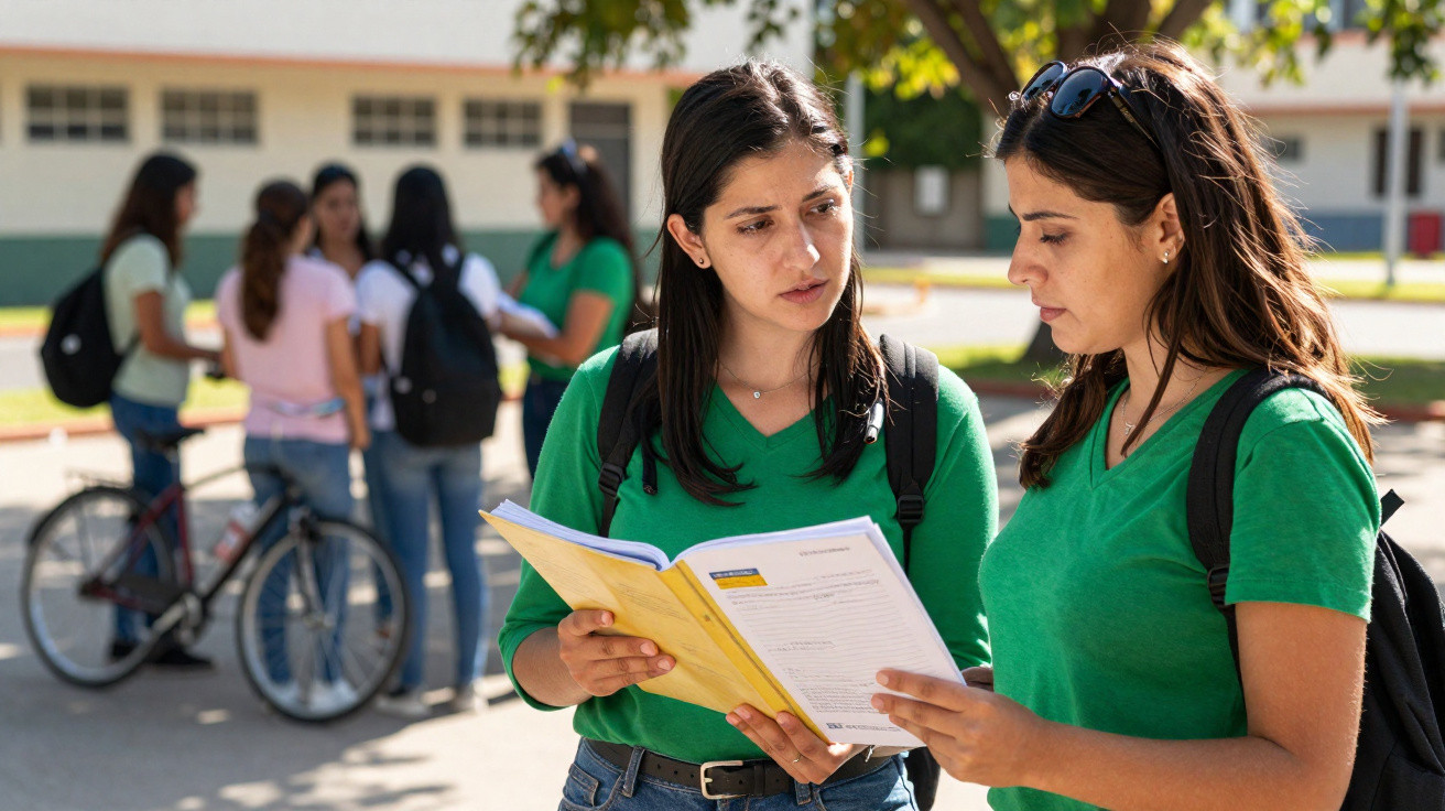 Duas estudantes conversam e revisam conteúdo em um caderno no pátio de uma escola com outras ao fundo.