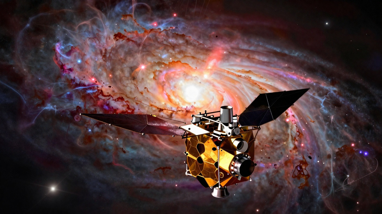 Ilustração de uma sonda espacial dourada com painéis solares diante de uma galáxia espiral colorida.