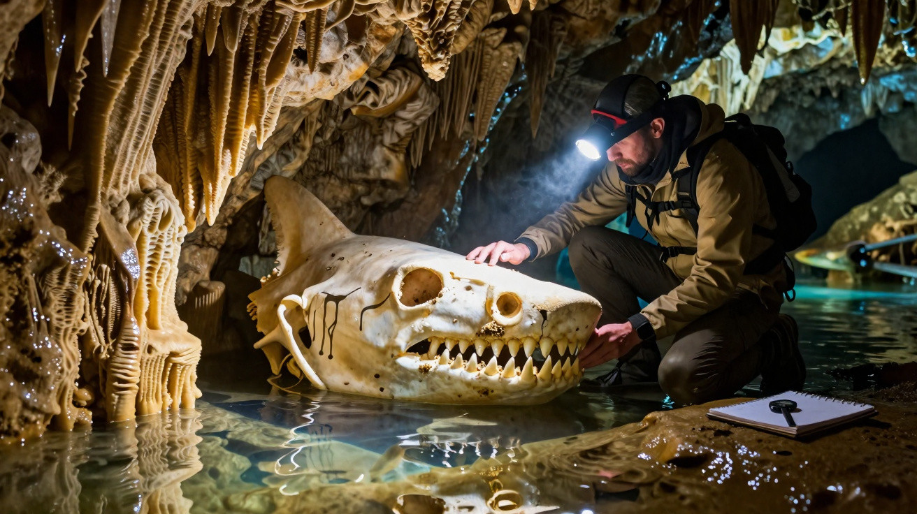 Explorador com lanterna analisa grande crânio de animal em caverna com estalactites e água.