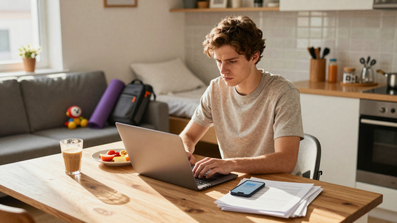 Jovem concentrado usando laptop sentado à mesa com documentos, celular, café e prato de frutas em cozinha.
