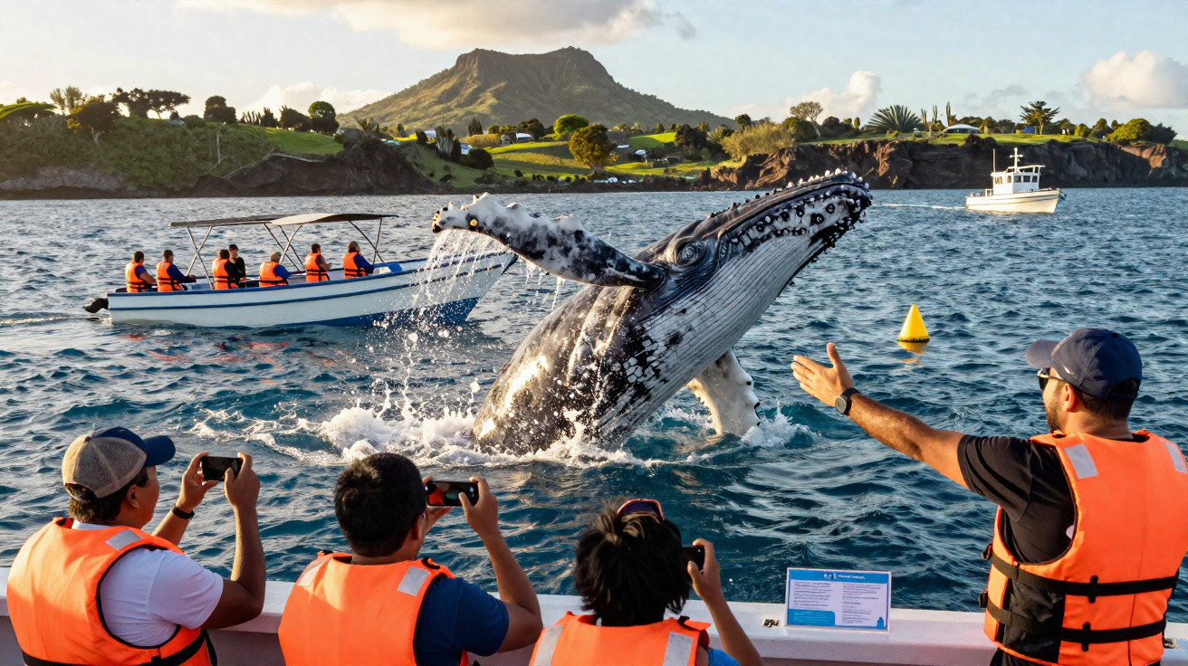 Turistas com coletes laranja fotografam baleia saltando perto de botes em mar calmo com montanha ao fundo.