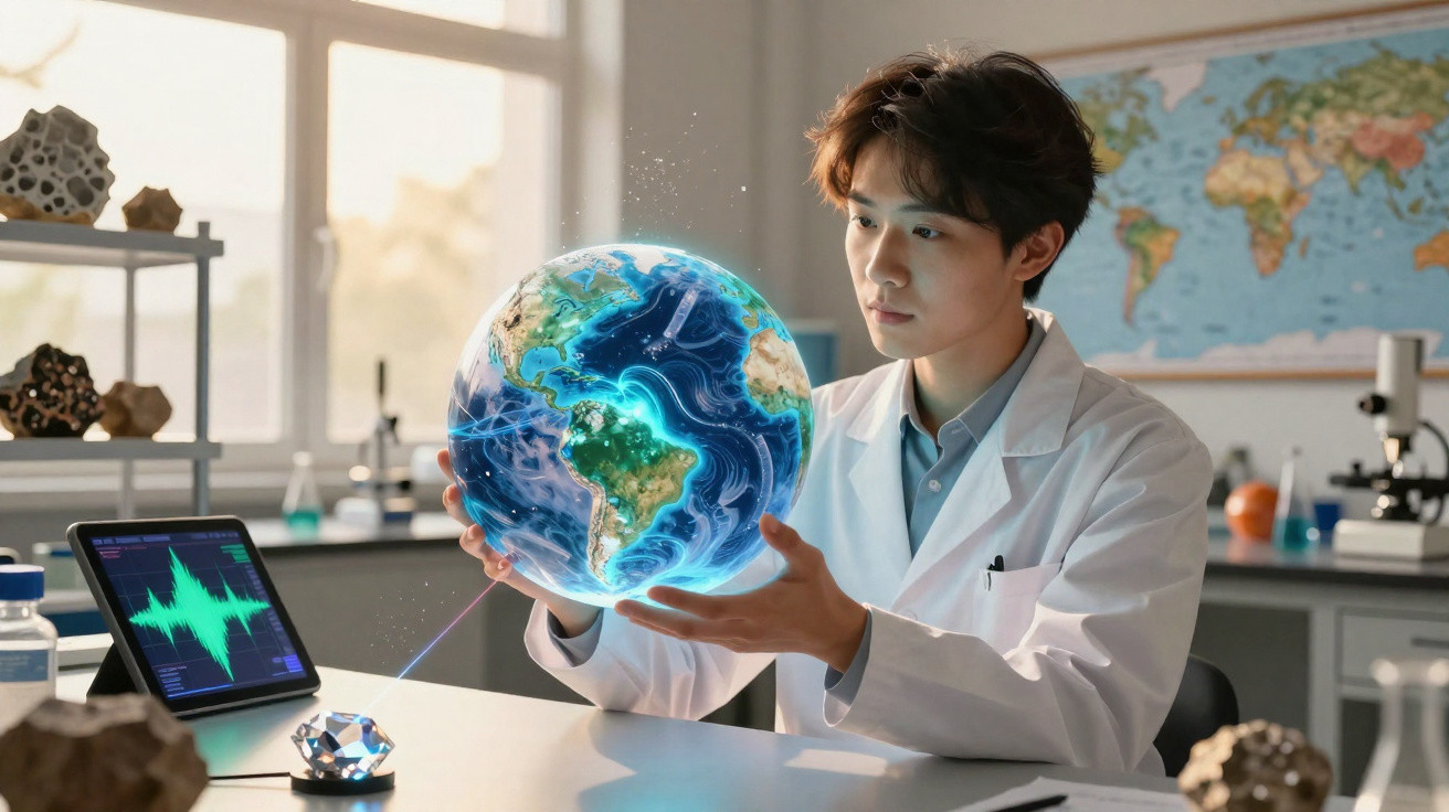 Cientista em laboratório analisando globo terrestre digital com dados ambientais em holograma.