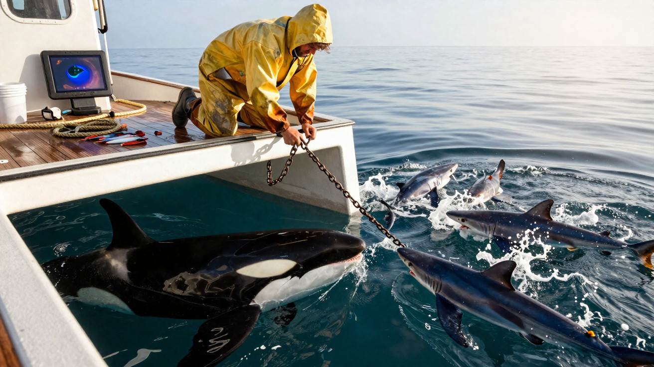 Pesquisador alimenta orca e tubarões a partir de barco em mar calmo durante o dia.