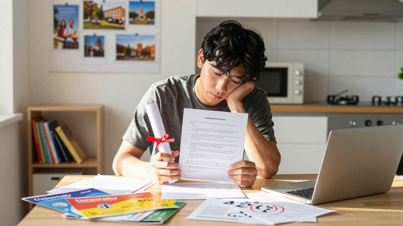 Jovem sentado em mesa analisando documentos e segurando diploma em ambiente doméstico.