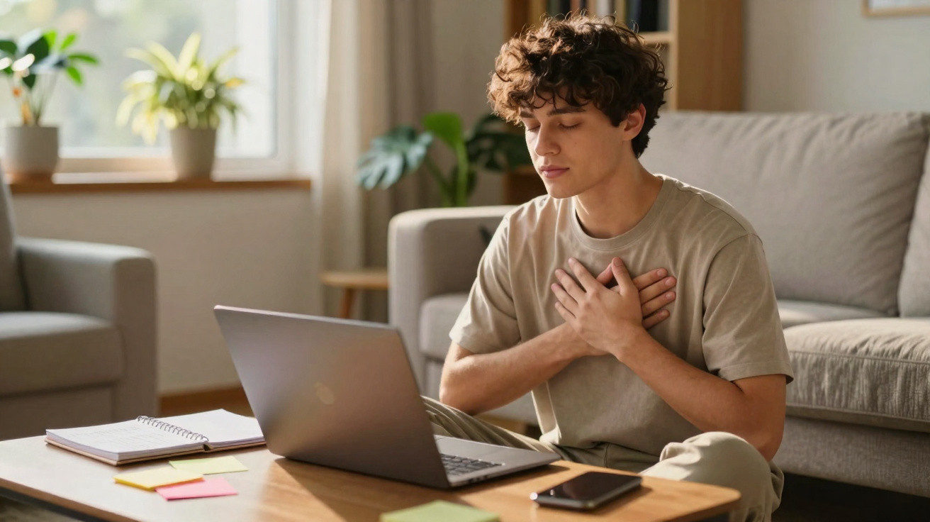 Jovem sentado no chão com as mãos no peito, em frente a um laptop sobre uma mesa na sala.