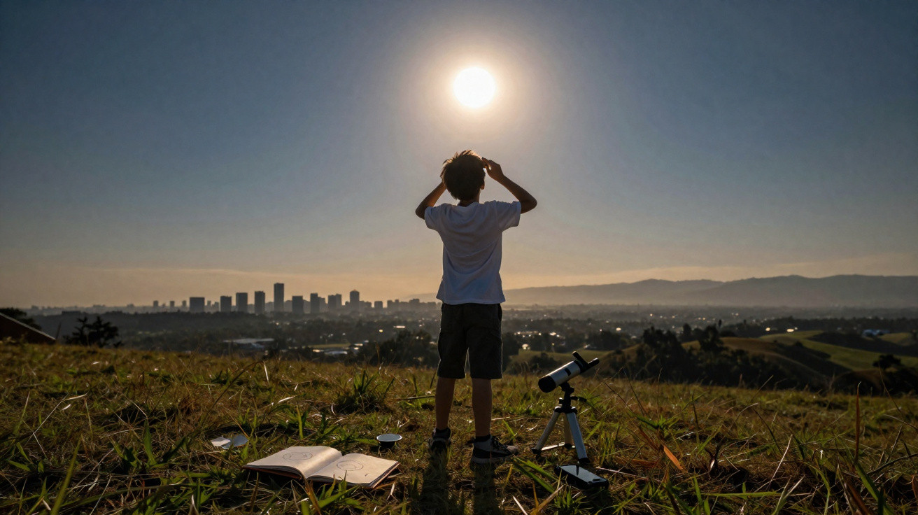 Criança observa o sol no campo ao entardecer, com telescópio e livro aberto ao lado.