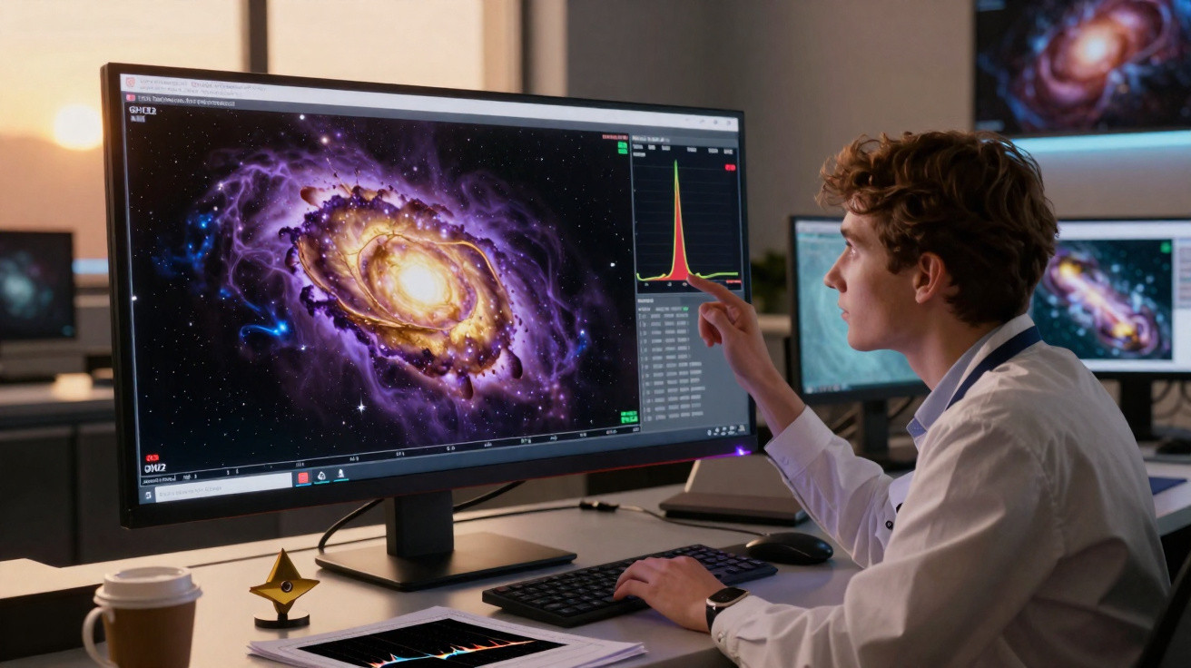 Jovem cientista analisa imagens e gráficos de galáxias em computador em laboratório moderno.