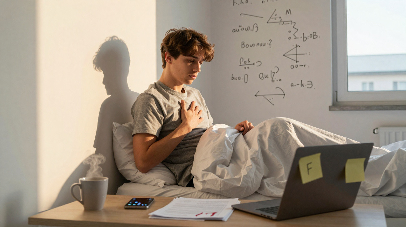 Jovem sentado na cama com mão no peito, estudando matemática, com laptop, celular e café na mesa ao lado.
