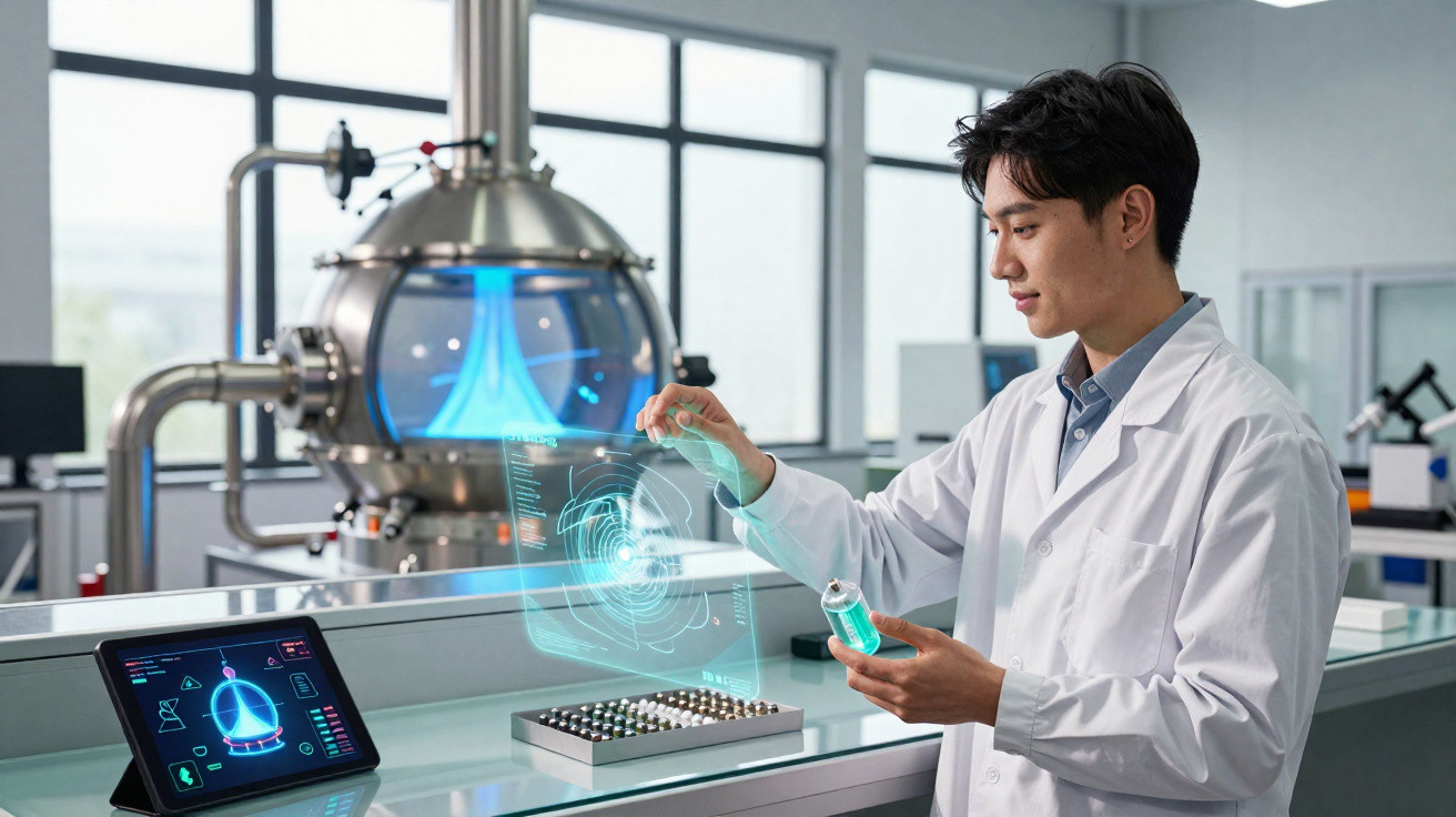 Cientista em laboratório interagindo com holograma e segurando frasco com líquido azul.