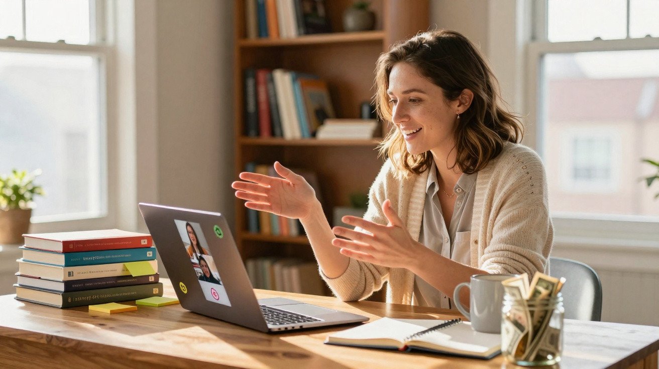 Mulher sorridente faz chamada de vídeo em laptop numa mesa com livros, caderno, caneca e jarra com dinheiro.