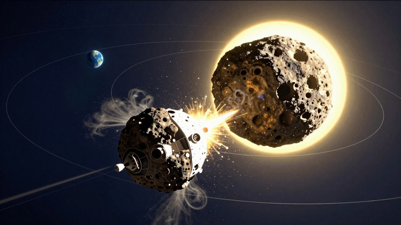 Ilustração de uma nave espacial colidindo com um grande asteroide próximo à Terra e ao Sol brilhante.
