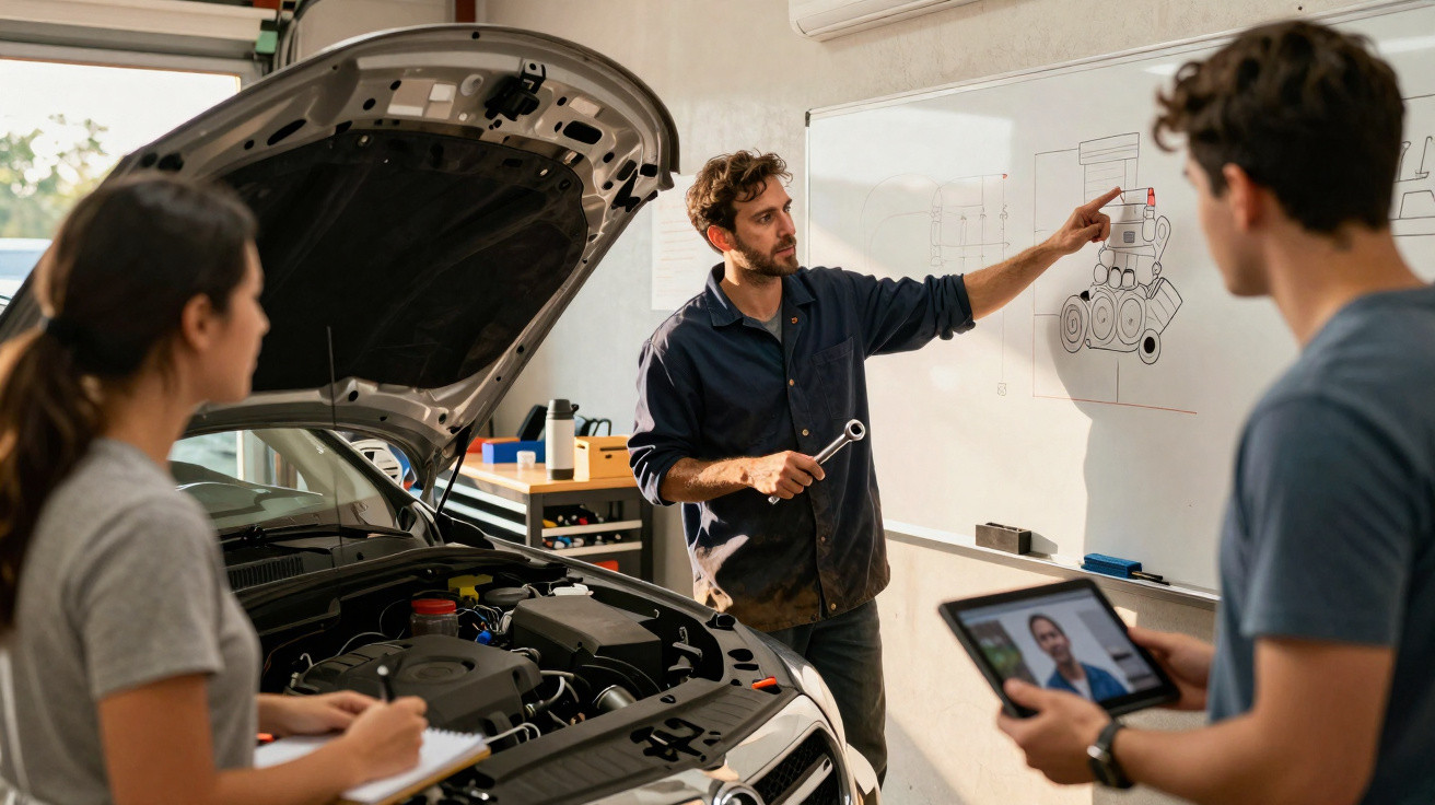 Homem ensina mecânica automotiva para grupo, mostrando desenho de peça em quadro branco, com carro aberto ao lado.
