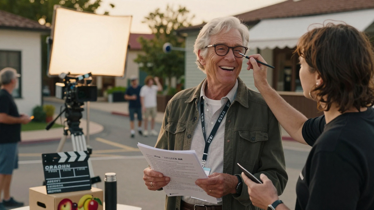 Homem idoso sorridente segurando roteiro com mulher fazendo maquiagem em set de filmagem ao ar livre.