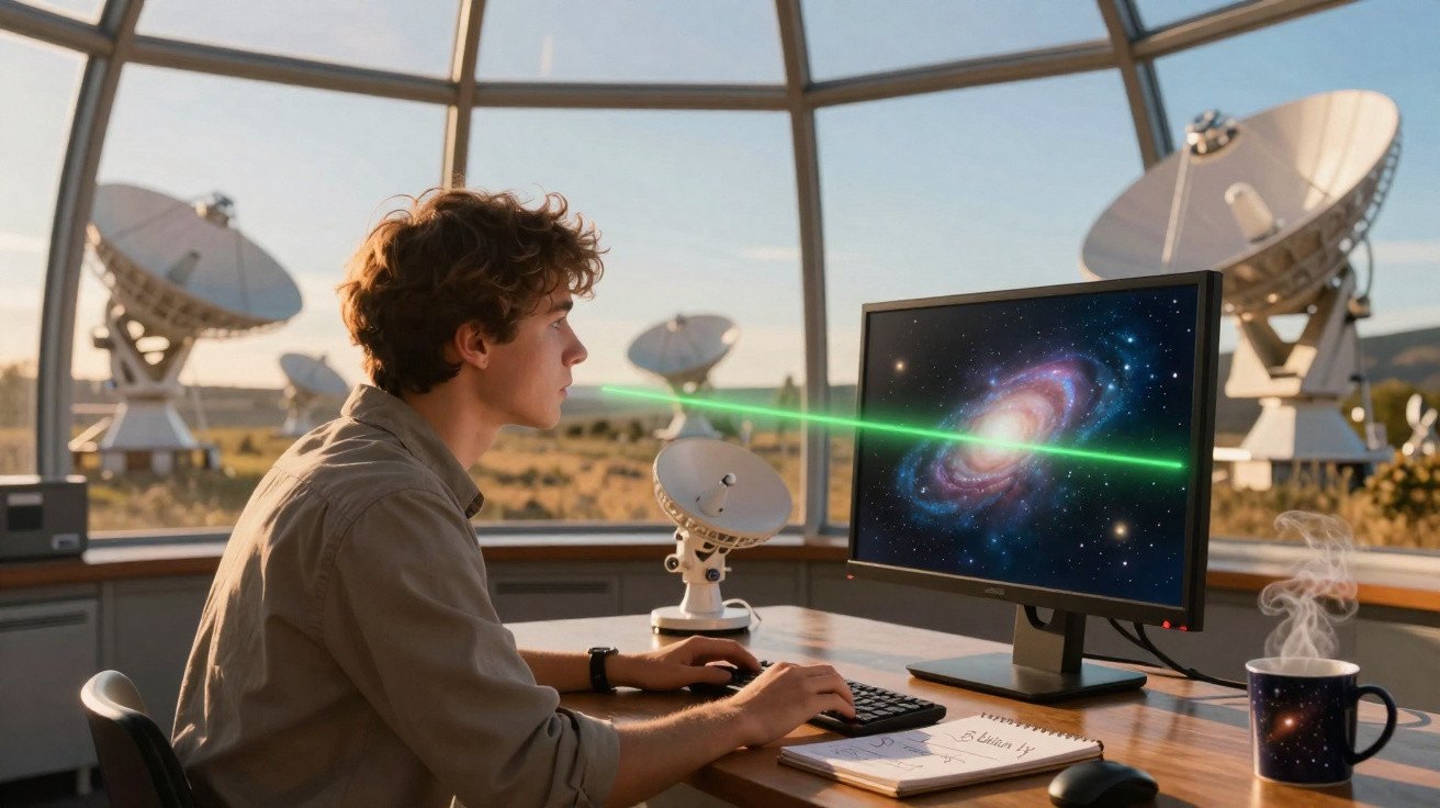 Jovem em estação com antenas parabólicas olha para monitor com imagem de galáxia e laser verde saindo dos olhos.