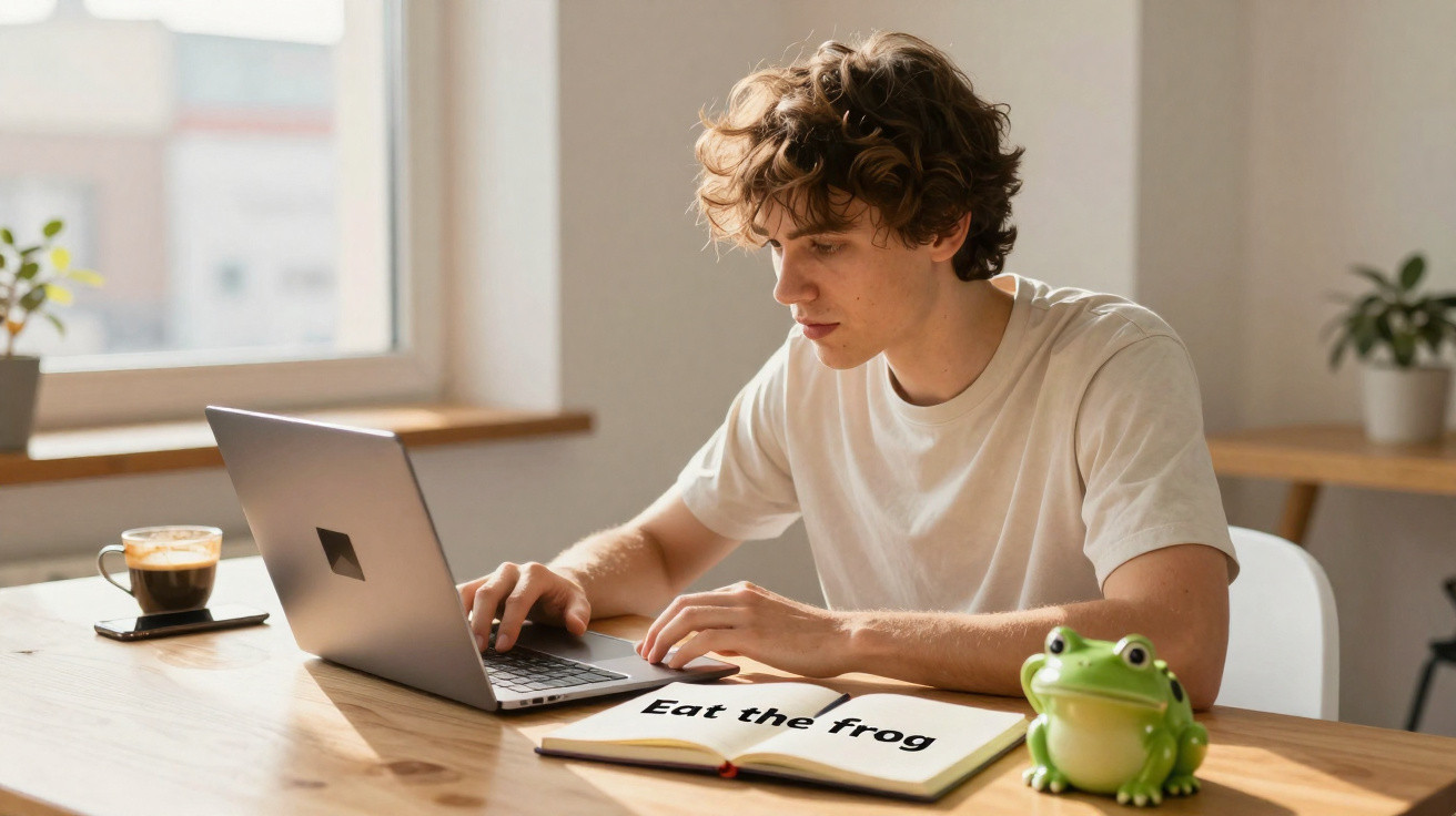 Jovem sentado à mesa, usando laptop, com xícara de café, livro escrito Eat the frog e um brinquedo de sapo verde.