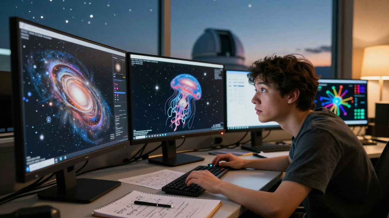 Jovem observando imagens de galáxia e medusa em computadores em ambiente escuro de trabalho ou estudo.