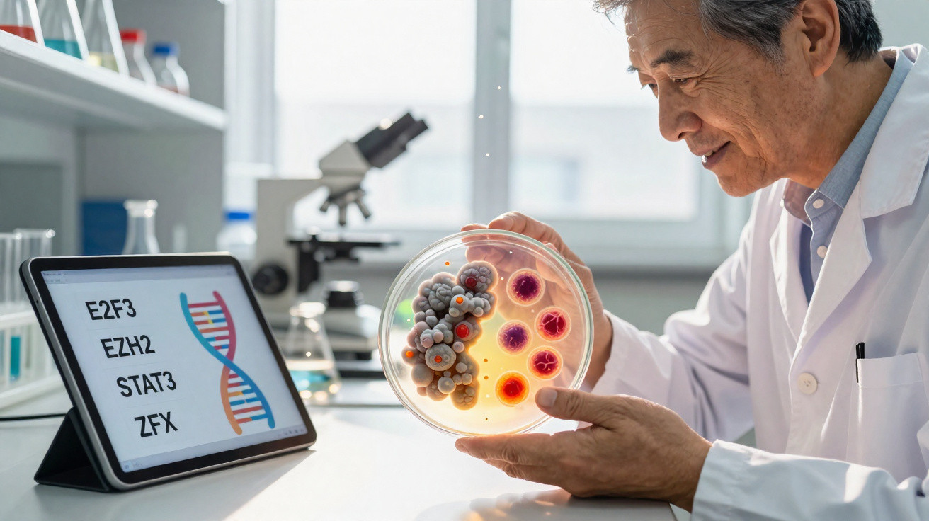 Cientista analisando cultura celular em placa de Petri com genes exibidos em tablet no laboratório.