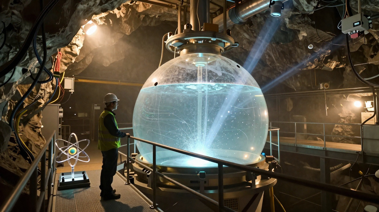 Homem com capacete em laboratório subterrâneo observa grande recipiente esférico cheio de líquido iluminado.