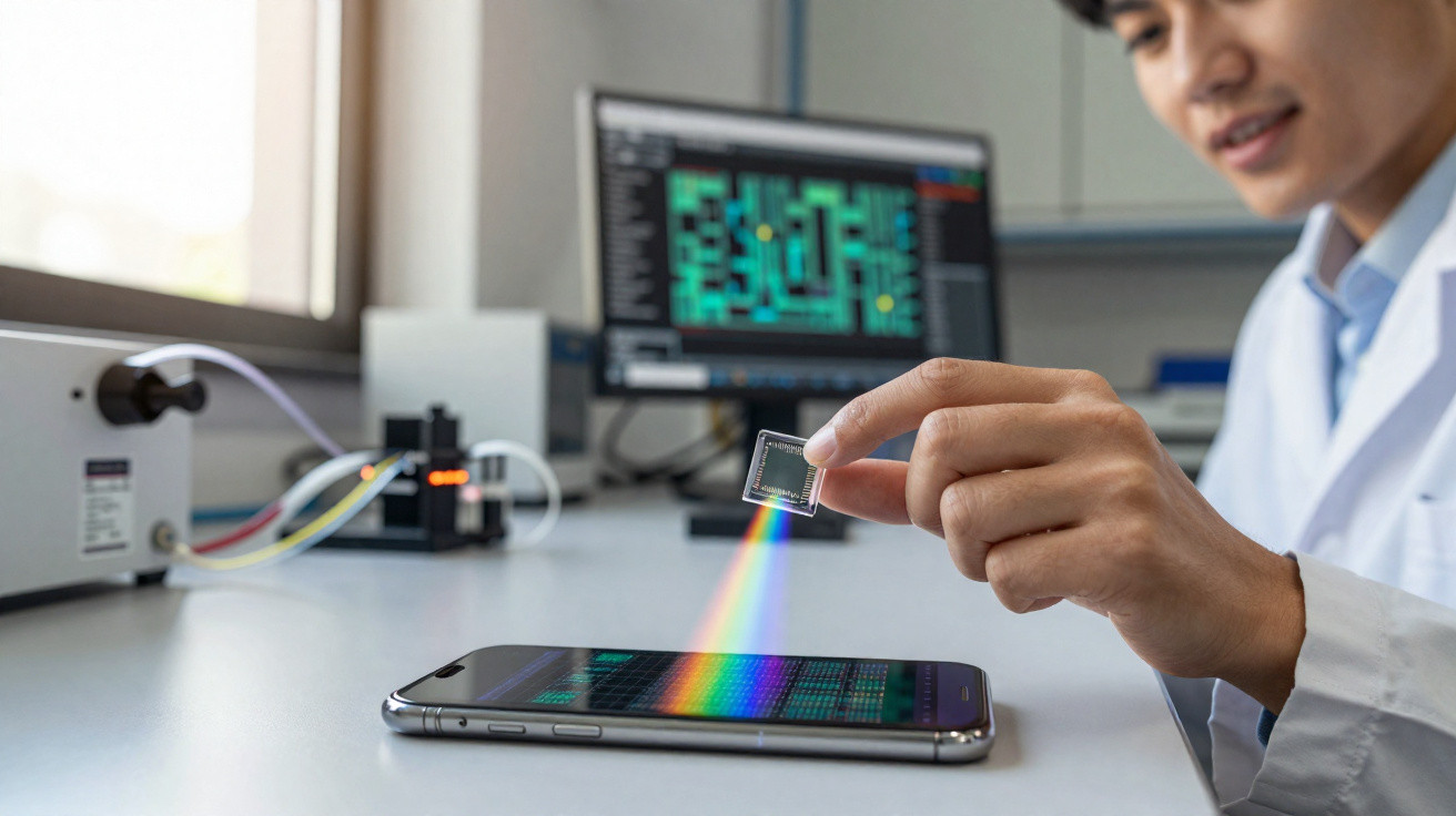 Pesquisador em laboratório usando chip para projetar espectro de luz colorida sobre smartphone na mesa.