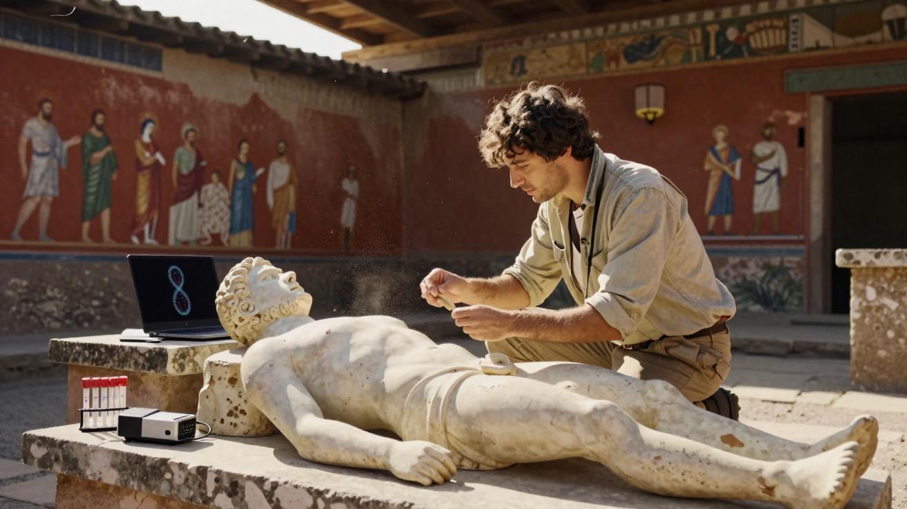 Homem estudando e examinando estátua romana antiga em sítio arqueológico ao ar livre.
