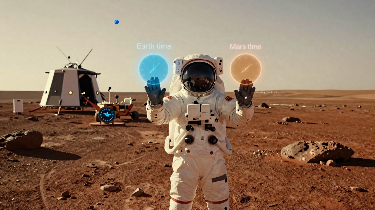 Astronauta em traje espacial manipula projeções holográficas de horários da Terra e de Marte na superfície marciana.