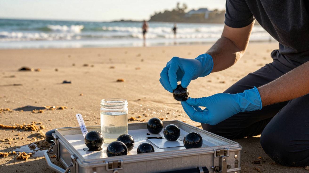 Pessoa com luvas azuis manuseia esferas pretas em maleta na praia, com frasco de vidro e mar ao fundo.