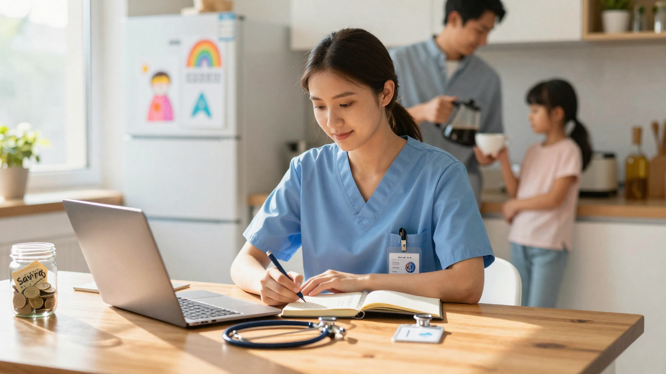 Mulher vestindo uniforme azul escrevendo em caderno, com laptop e estetoscópio em mesa de madeira.