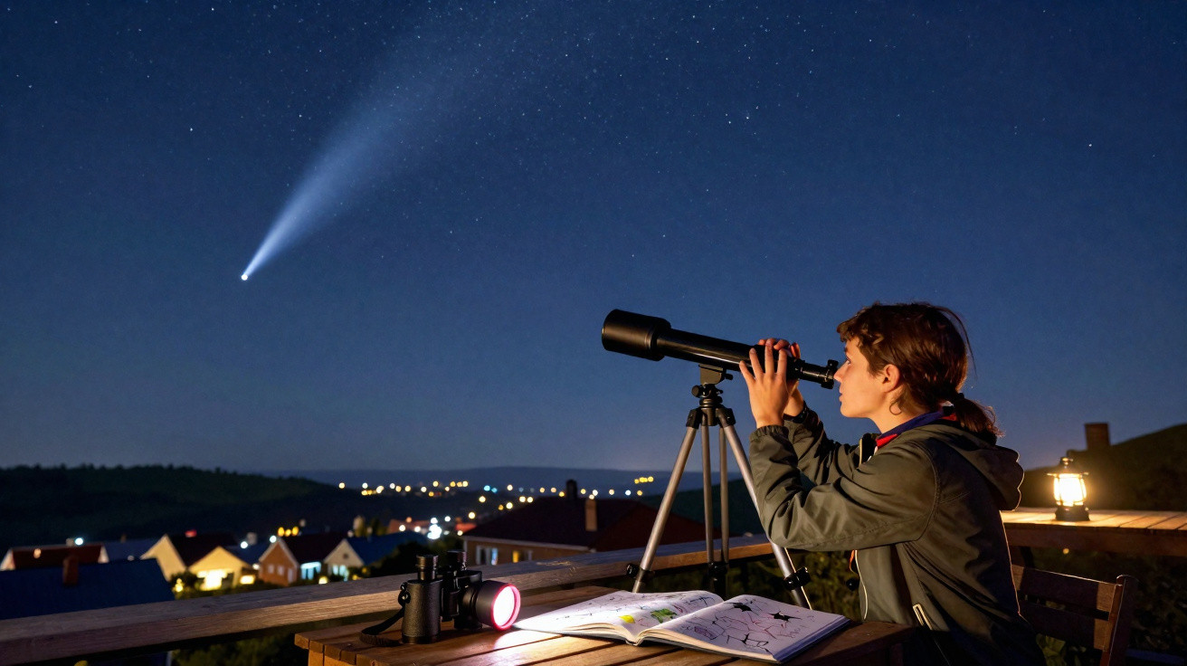 Pessoa observa com telescópio um cometa no céu estrelado durante a noite em área residencial.