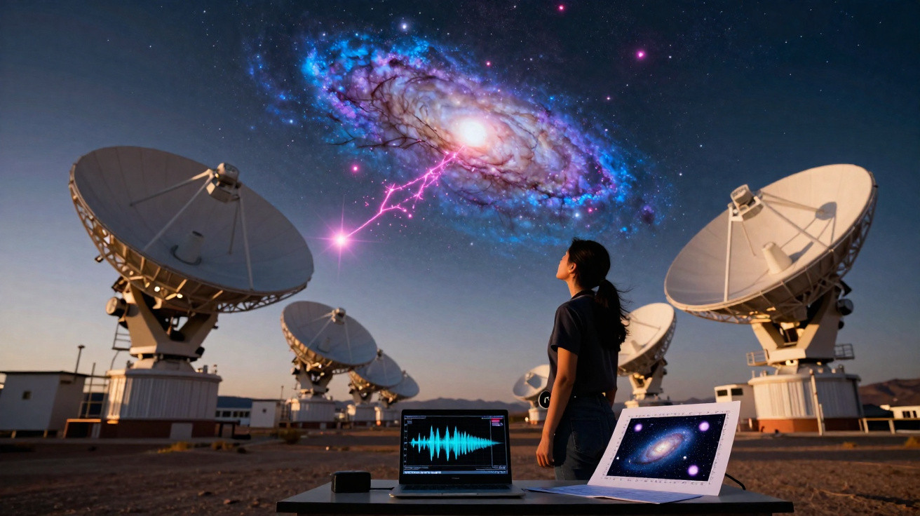 Mulher observando galáxia brilhante com raios rosa entre telescópios parabólicos em ambiente desértico ao entardecer.