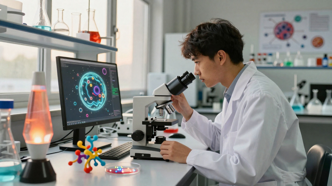Cientista usando jaleco observa amostra no microscópio em laboratório com computador e frascos ao redor.