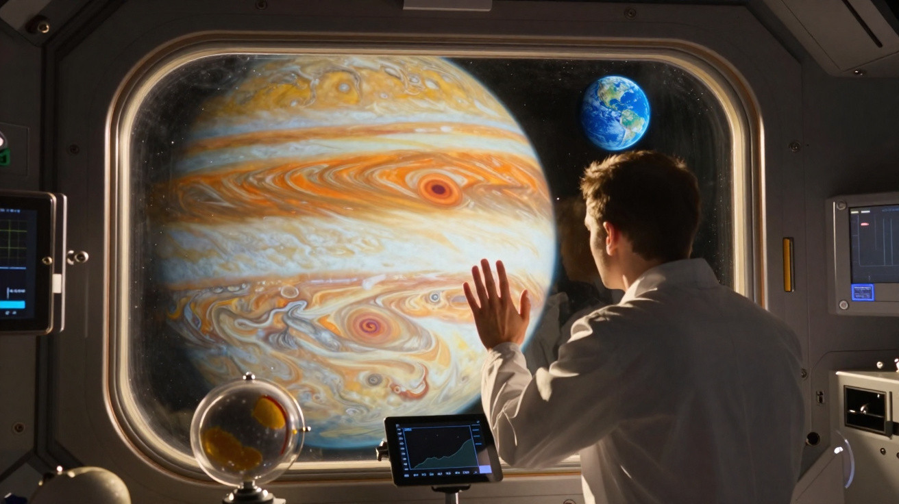 Homem observa Júpiter e Terra pela janela de nave espacial com equipamentos e telas ao redor.