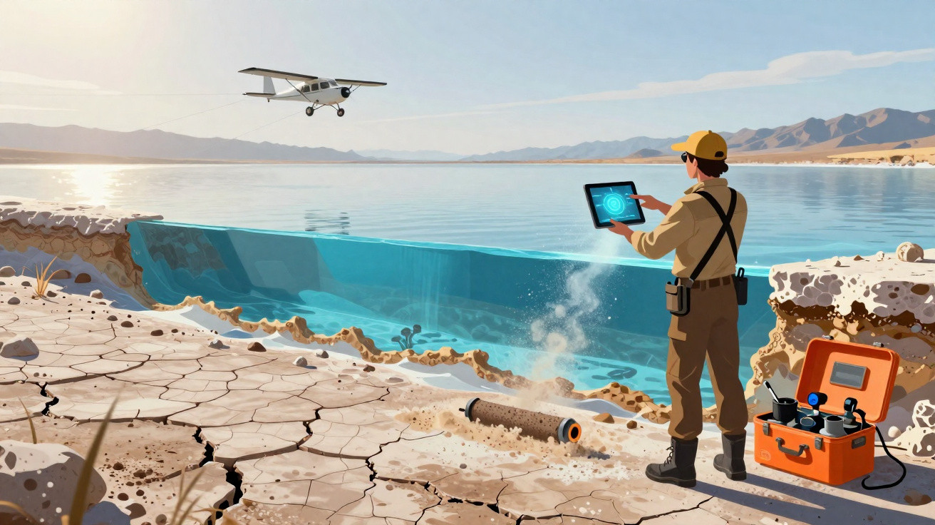 Homem com tablet monitora área de água represada em ambiente seco, com avião sobrevoando ao fundo.