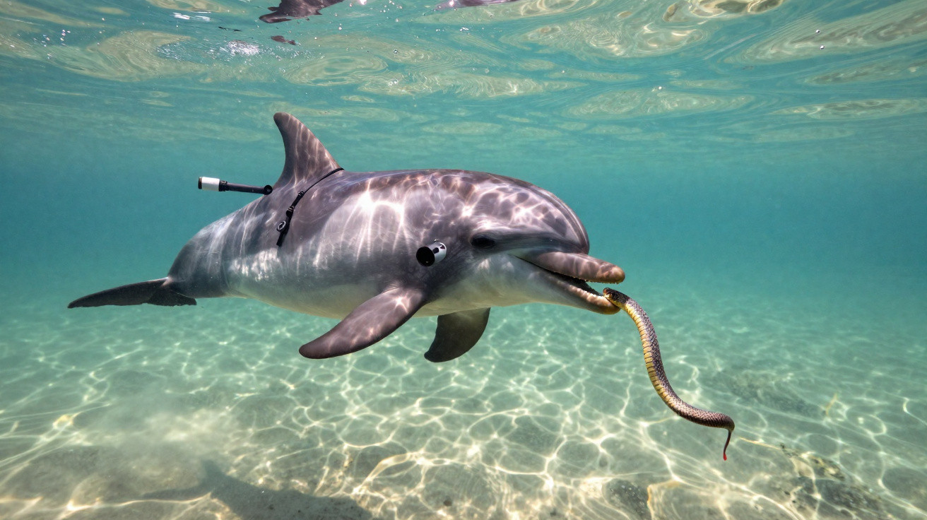 Golfinho nadando com cobra na boca em água transparente, equipado com sensores de monitoramento.