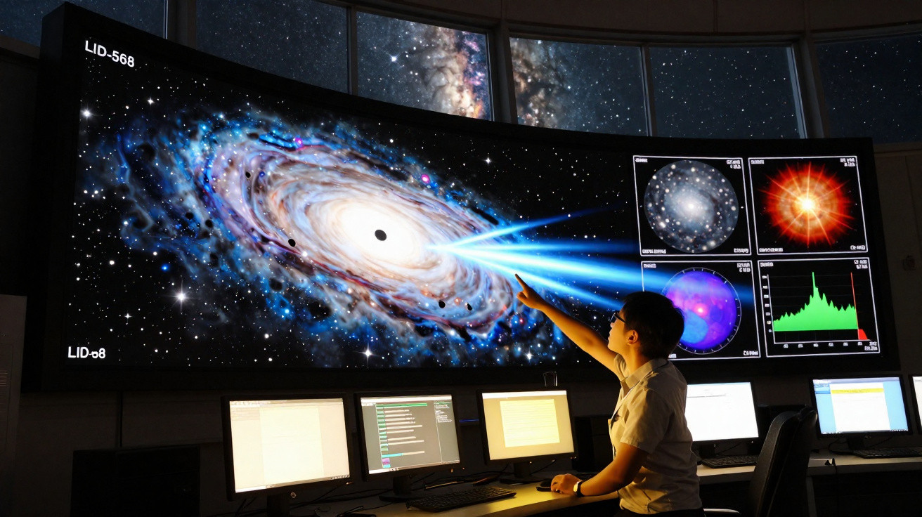 Pessoa aponta para tela gigante exibindo galáxia e gráficos científicos em sala de controle com computadores.
