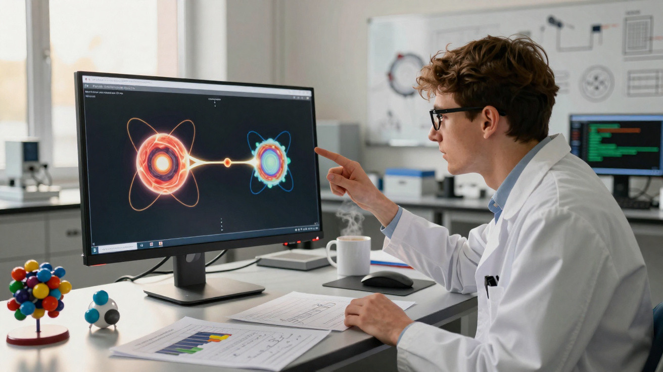 Cientista em laboratório analisando simulação de átomos em tela de computador.