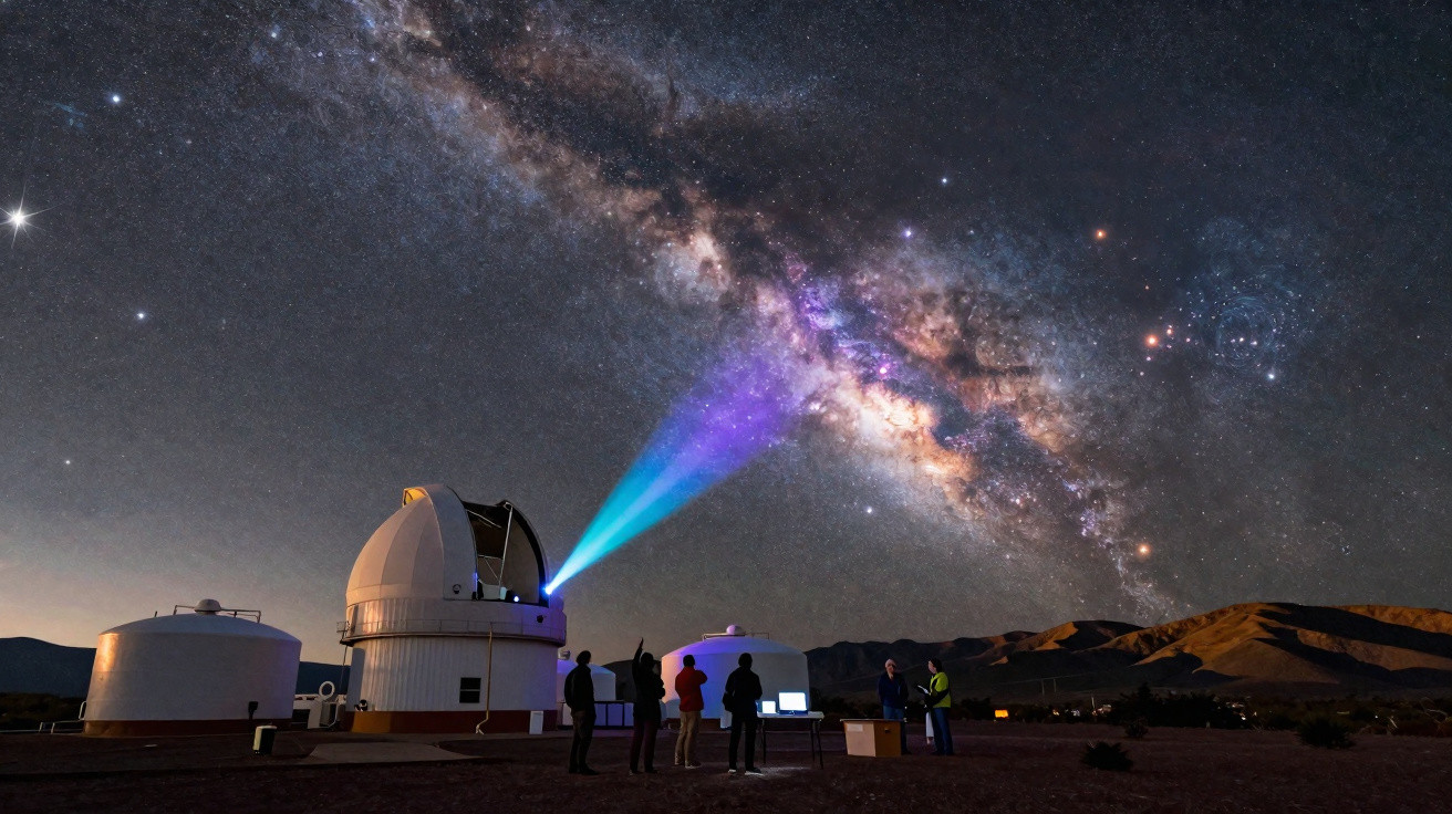 Observatório com telescópio e pessoas observando a Via Láctea em céu noturno estrelado no deserto.