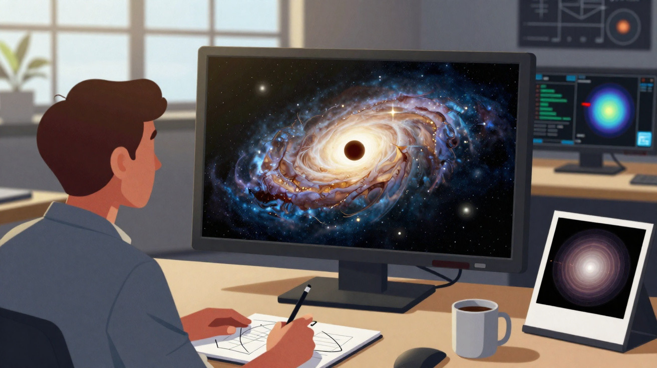 Pessoa estudando buraco negro na tela do computador em ambiente de escritório moderno.
