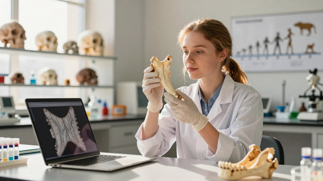 Mulher cientista analisando mandíbula de animal em laboratório com crânios e laptop ao fundo.