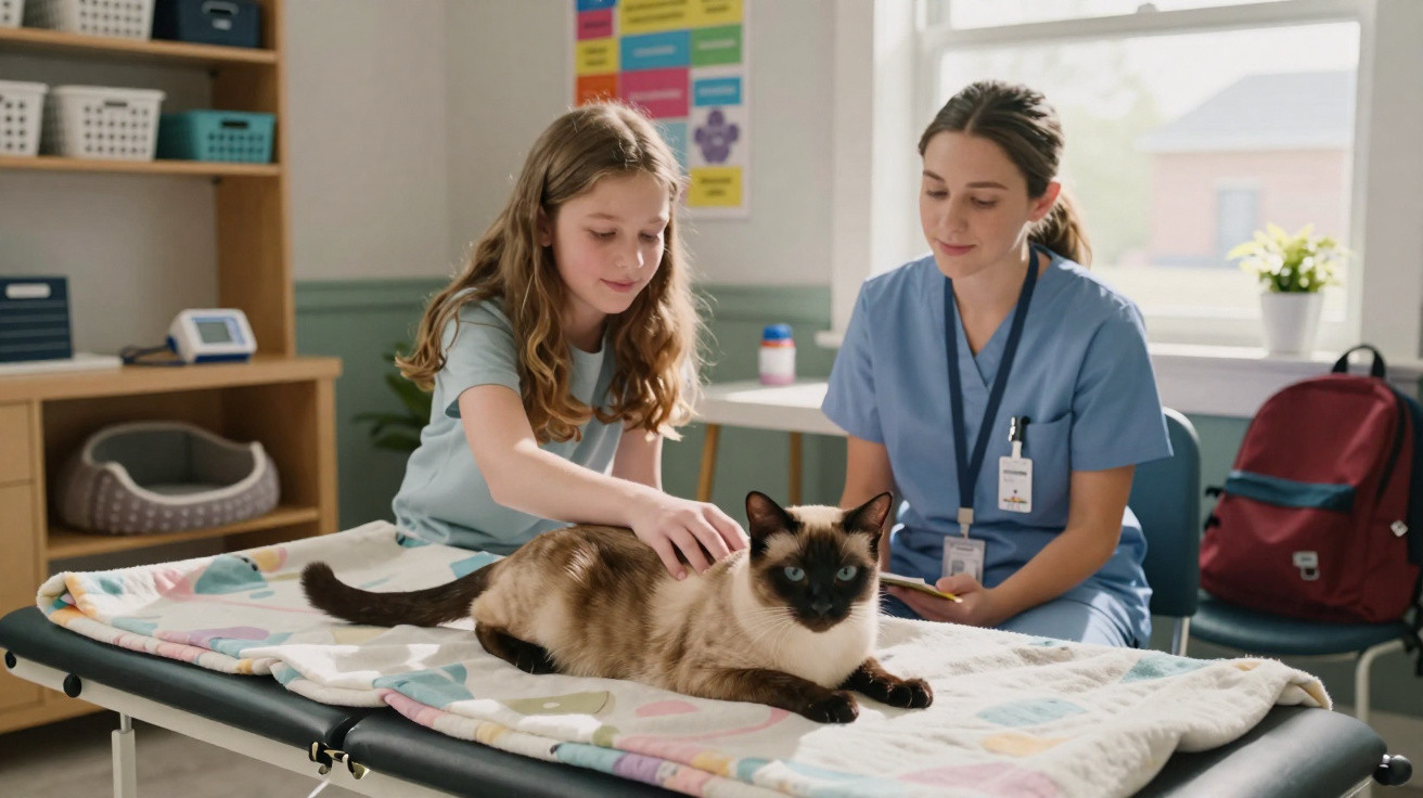 Menina acaricia gato siamês enquanto veterinária observa em clínica veterinária bem iluminada.