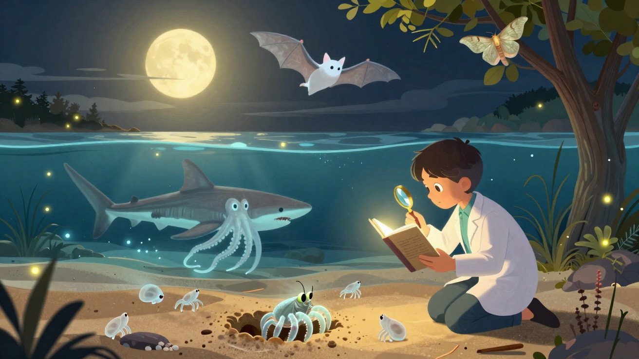 Criança com lupa lendo livro à beira do lago à noite, cercada por animais e criaturas marinhas.