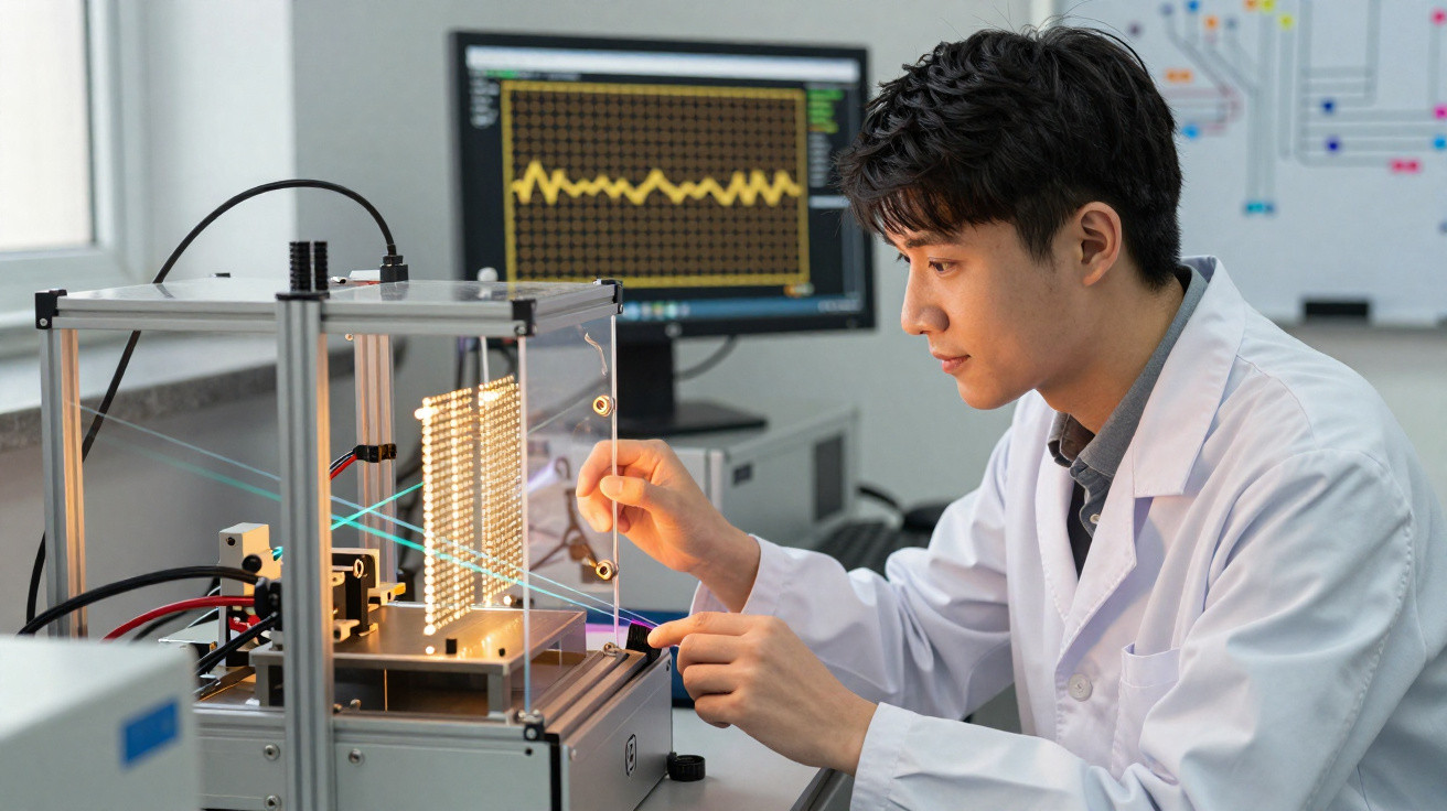 Cientista em laboratório ajusta equipamento tecnológico enquanto monitor de computador exibe dados ao fundo.