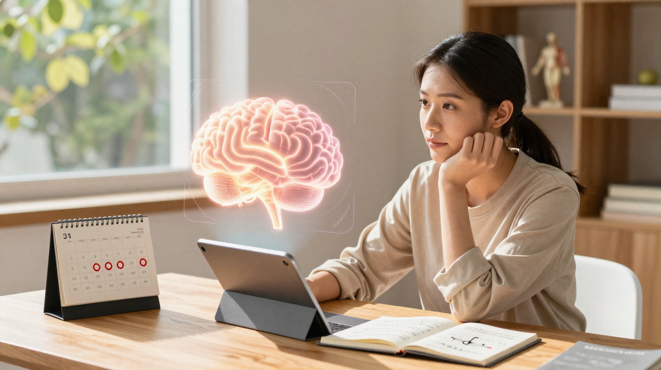 Mulher observa cérebro holográfico ao estudar em mesa com tablet, caderno e calendário marcado.