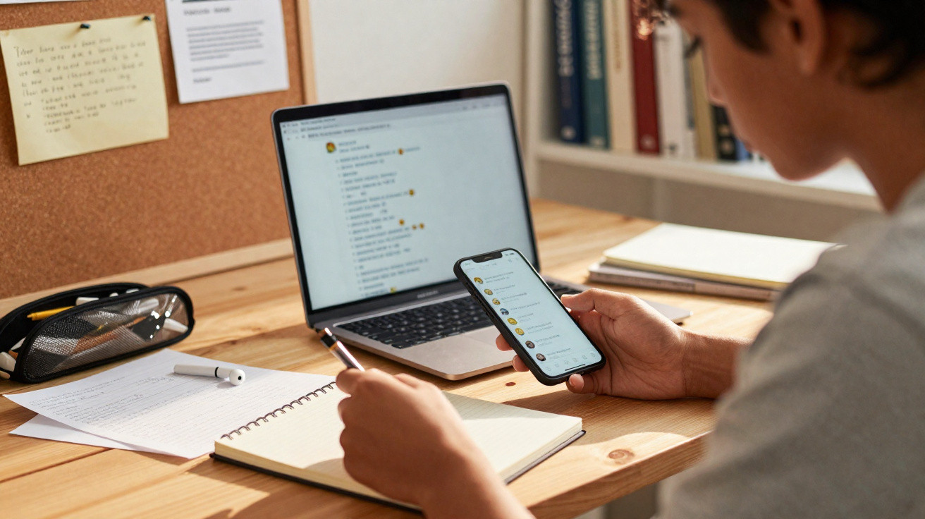 Pessoa usando celular e computador para estudar em mesa com caderno, caneta e material de escritório.