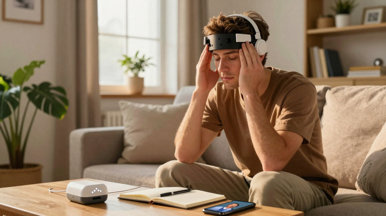 Jovem sentado no sofá com fones e dispositivo eletrônico na cabeça, tocando as têmporas, com mesa e plantas ao fundo.